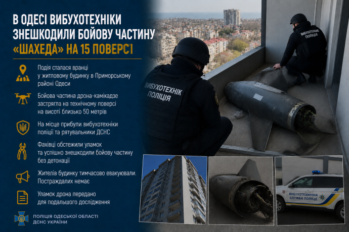 В Одесі вибухотехніки знешкодили бойову частину «Шахеда» на 15 поверсі