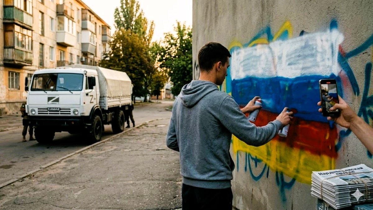 Зрадник у Херсоні розфарбовував українську символіку кольорами триколору