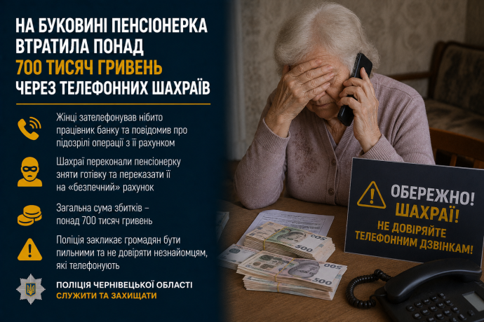 На Буковині пенсіонерка втратила понад 700 тисяч гривень через телефонних …