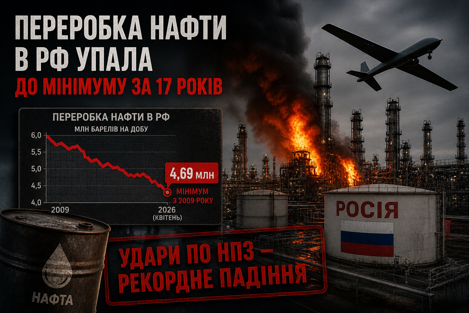 Рекордне падіння: нафтопереробка в Росії обвалилася до мінімуму за 17 …