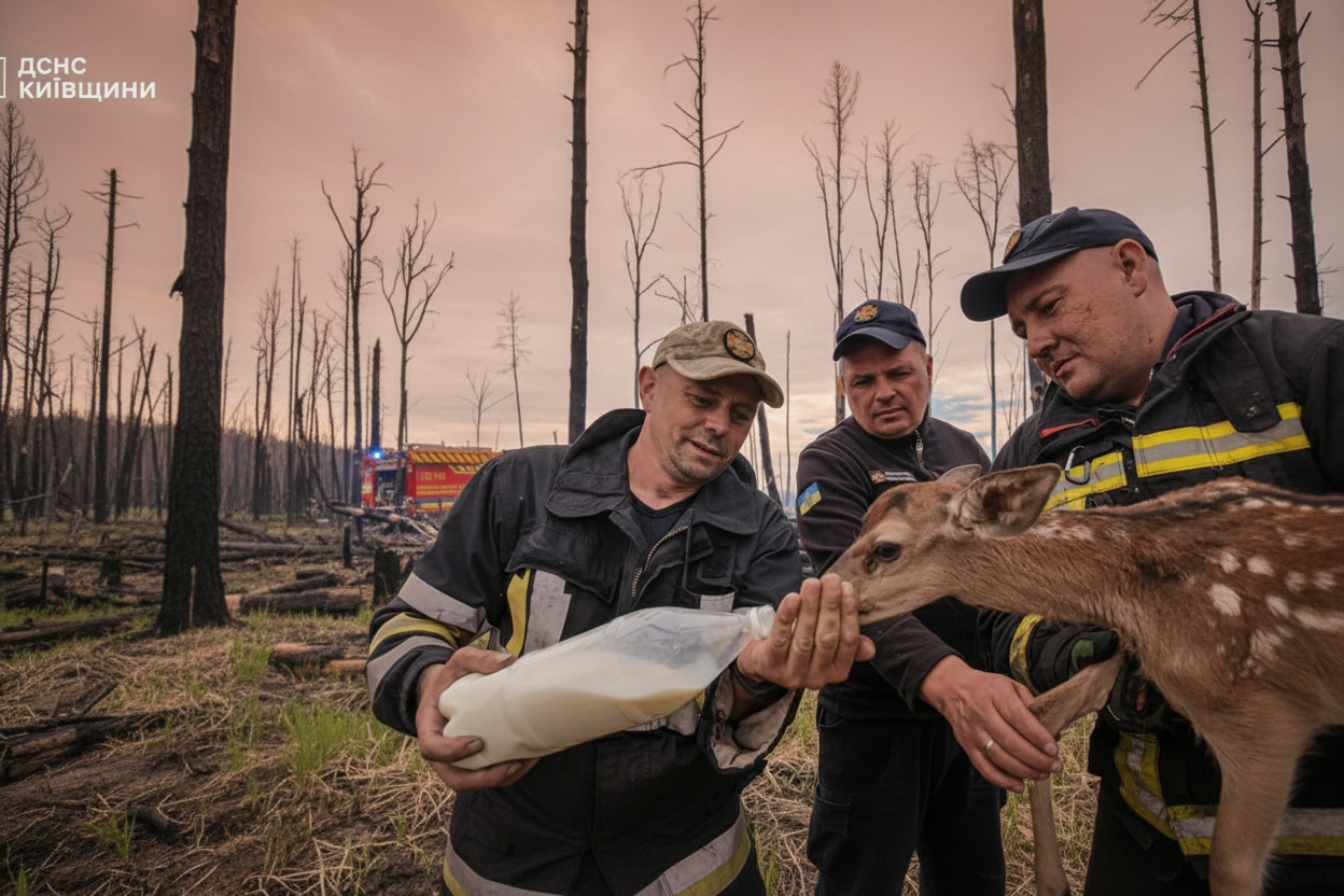 На Київщині з пожеж врятували двох новонароджених оленят
